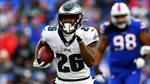 Oct 27, 2019; Orchard Park, NY, USA; Philadelphia Eagles running back Miles Sanders (26) runs with the ball on his way for a touchdown against the Buffalo Bills during the third quarter at New Era Field. Mandatory Credit: Rich Barnes-USA TODAY Sports